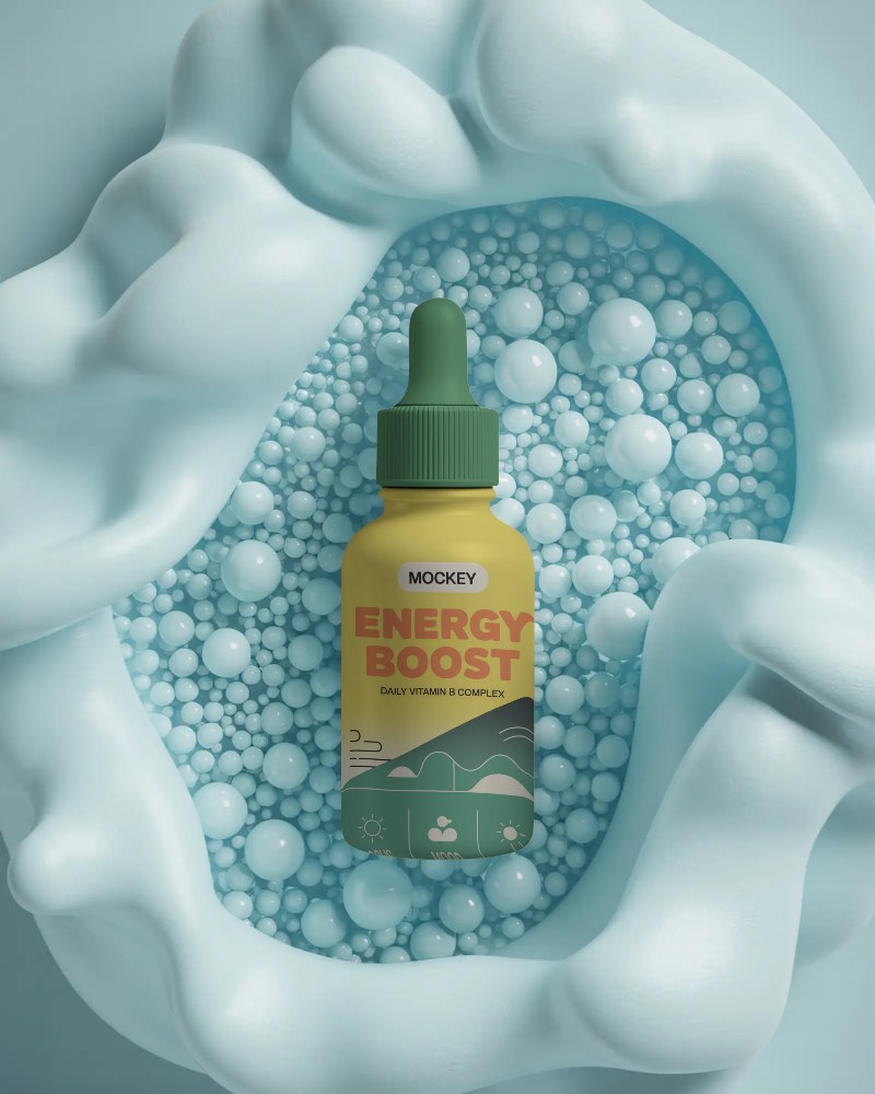 Minimalistic Dropper Bottle Mockup On Creative Bubble Textured Surface For Brand Presentation